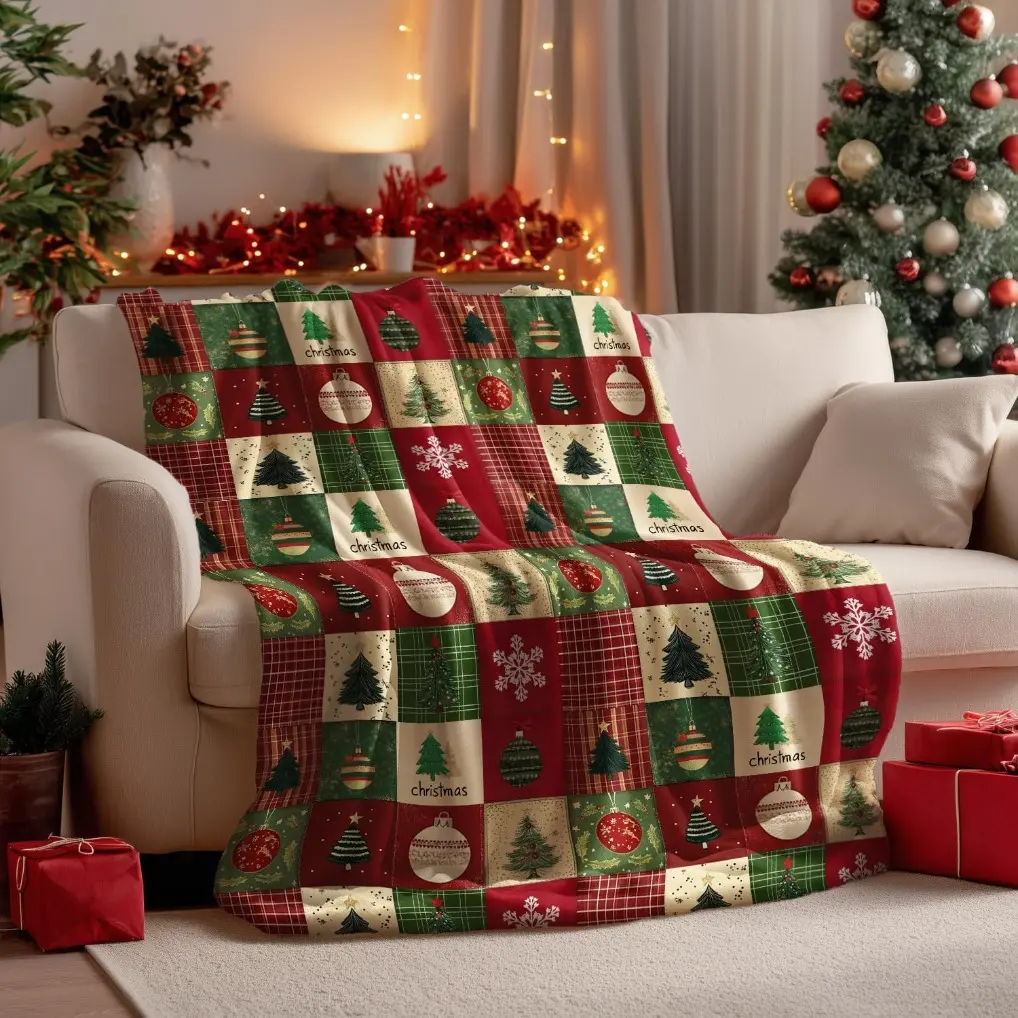 Horaldaily Christmas Flannel Blanket Throw, Red Green Checkered Tree Snow Ornaments Soft Fuzzy Plush Cozy Fleece Blankets for Couch Sofa Bed Lounging, Ideal Gifts for Kids Adults Wife Self, Flannel material