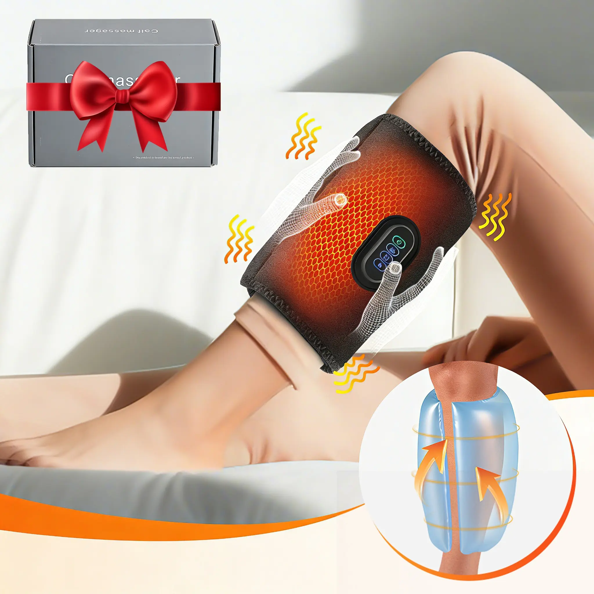 Wireless Air Compression Leg Massager with Heat, Cordless Chargeable Electric Air Pressure Calf Massage Device with 3 Modes, 3 Intensity & 3 Heat for Circulation, Portable Muscle Massagers, Gift, Relaxation Aid, USB Rechargeable Massagers