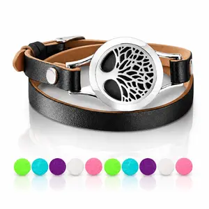 Tree of Life Aromatherapy Bracelet with Diffuser Locket – Faux Leather Adjustable Wristband, 10 Multi-Colour Felt Pads for Essential Oils