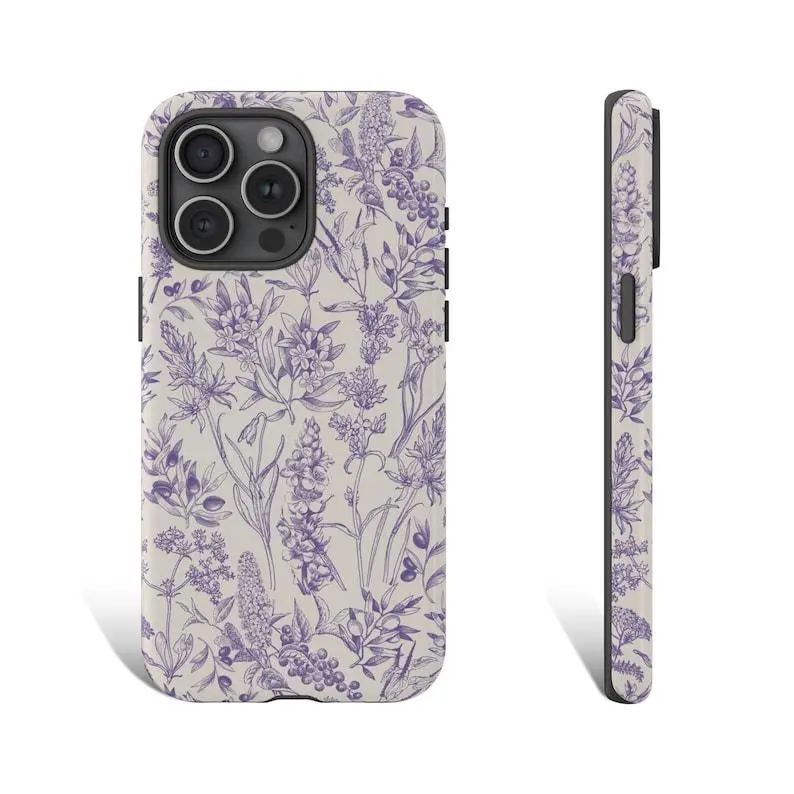 Lavender Floral Phone Case Lavender Wildflower Phone Case Flower and Leaves Phone Case Suitable for IPhone 15Pro, 14, 13, 12, 11,Pro Max, Plus Aesthetic Case Flower Case Accessories Protection Smartphone Screen Protector