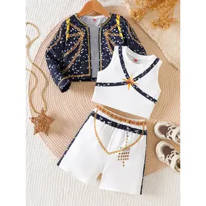 3pcs Boys Girls Summer Outfit Spring Sleeveless Vest Black Golden Sequined Knit Jacket Contrast Patchwork Loose Shorts Outdoor Fashion Set