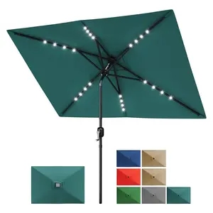 Garvee 10' x 6.5' Solar Rectangular Patio Umbrella with Lights, Crank and Push Button Tilt, 6-Rib Sturdy Market Umbrella for Outdoor Garden, Deck, Lawn, and Pool Use