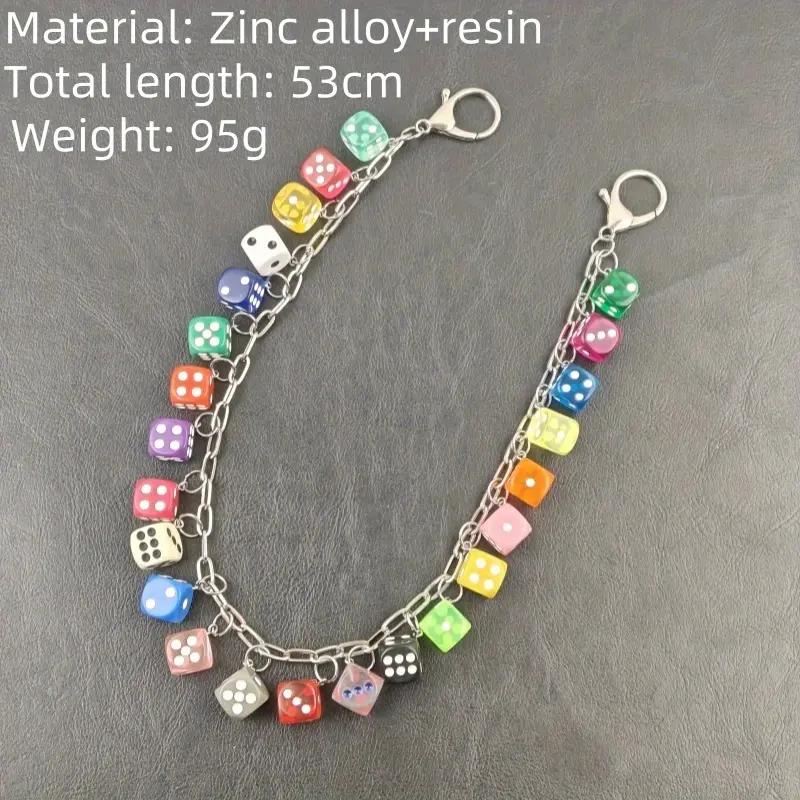 Unisex Hip-Hop Pants Chain with Colorful Resin Dice, Lucky Theme Waist Keychain Lanyard for Casual Streetwear, Keychain Set, Casual Use, Dice Pattern, Bead Keychains, 53Cm