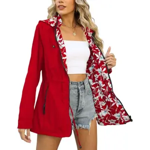 Women Reversible Lightweight Jacket Casual Windbreaker Outerwear Waterproof Outdoor Printed Raincoat