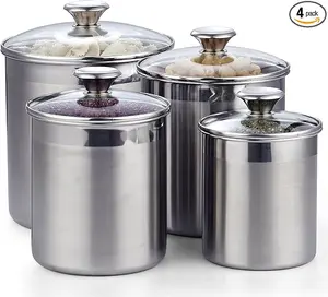 Cooks Standard Stainless Steel Food Jar Storage Canister Set Large 4-Piece, 1.6qt/2.5qt/3.5qt /5qt Airtight Containers with Glass Lid for Tea Coffee Sugar Flour Pantry Kitchen Counter