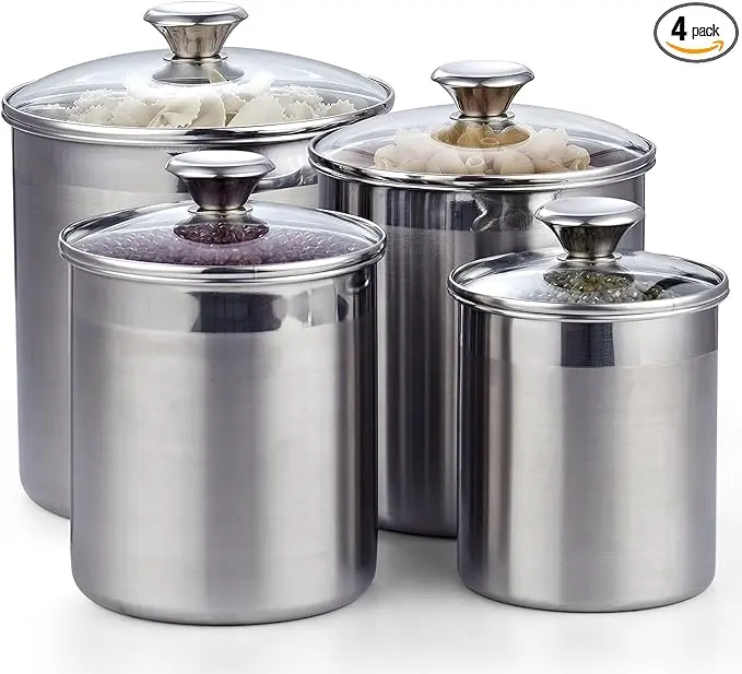 Cooks Standard Stainless Steel Food Jar Storage Canister Set Large 4-Piece, 1.6qt/2.5qt/3.5qt /5qt Airtight Containers with Glass Lid for Tea Coffee Sugar Flour Pantry Kitchen Counter