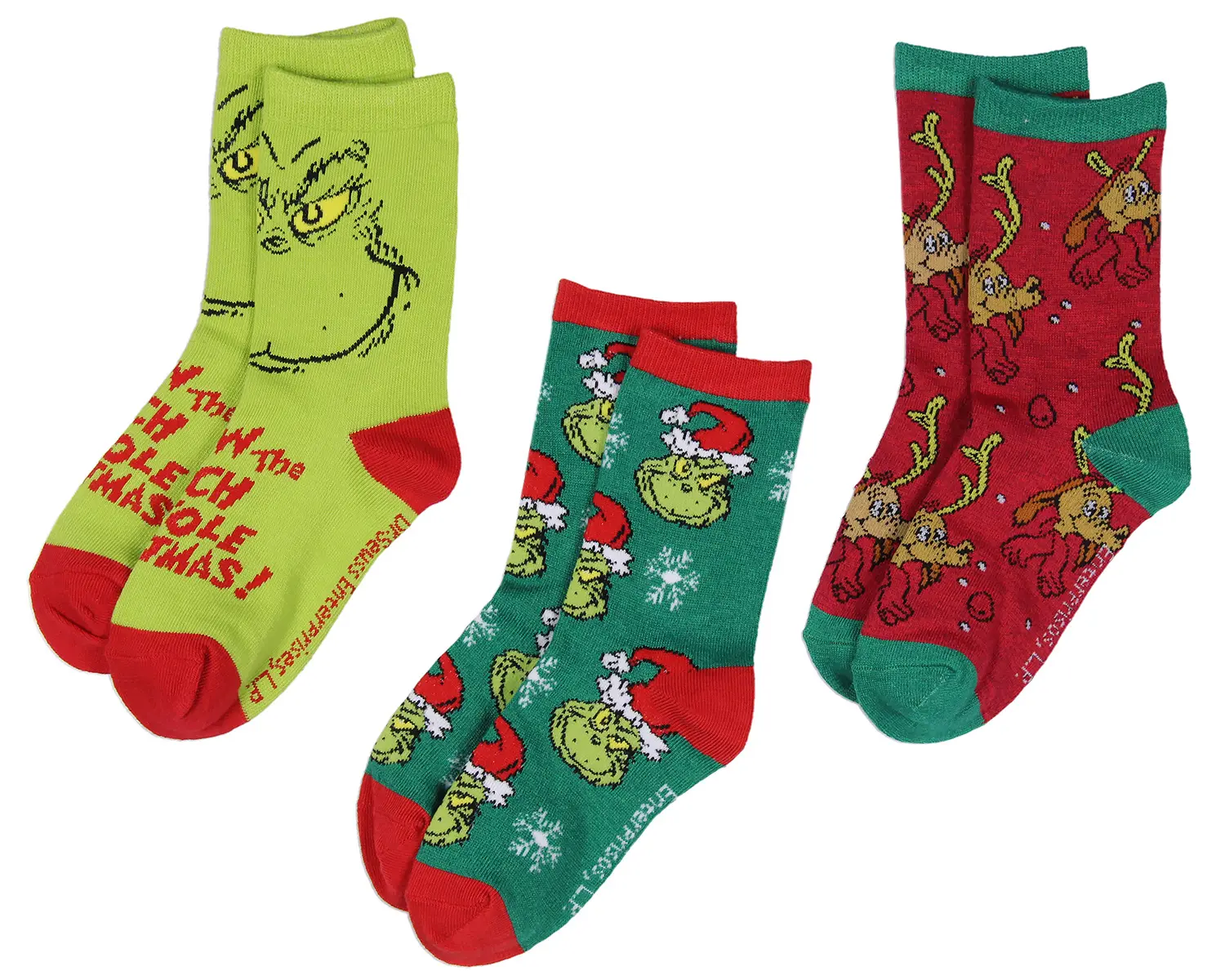 Dr. Seuss' The Grinch Kids' Casual Soft Crew Socks, 3 Pair Multi-Design Holiday Pack with Grinch & Max Characters, Casual Soft Socks