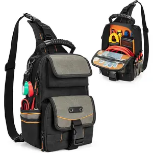 Electrician Tool Bag, Zippered Tool Storage Bag with Ergonomic Handle and Shoulder Strap, Suitable for Maintenance Technicians, Black