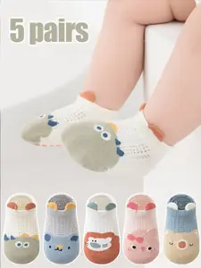 5 Pairs Baby Boys Girls Anti-Slip Socks, Breathable Floor Socks, Soft Comfortable Fabric, Cartoon Pattern, Toddler Walking Socks
