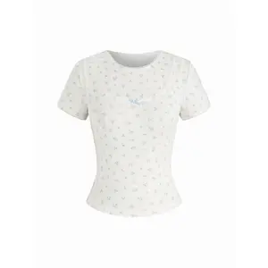 Cider 100% Cotton Textured Ditsy Flora Bowknot Short Sleeve Top