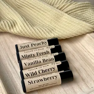 Tallow Lip Balm - Just Peachy, Minty Fresh, Vanilla Bean, Wild Cherry, Strawberry - Natural Lip Care for Soft Lips