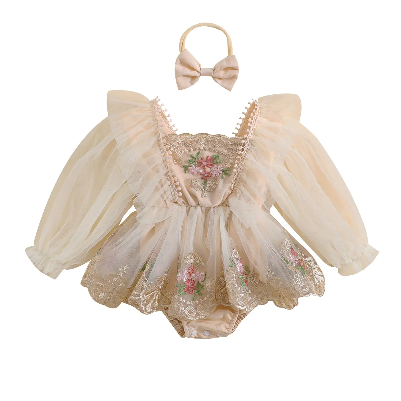 Baby Girl Romper Dress Ruffle Long Sleeve Bodysuit Mesh Embroidery Onesie Tutu Dress Infant Fall Outfits