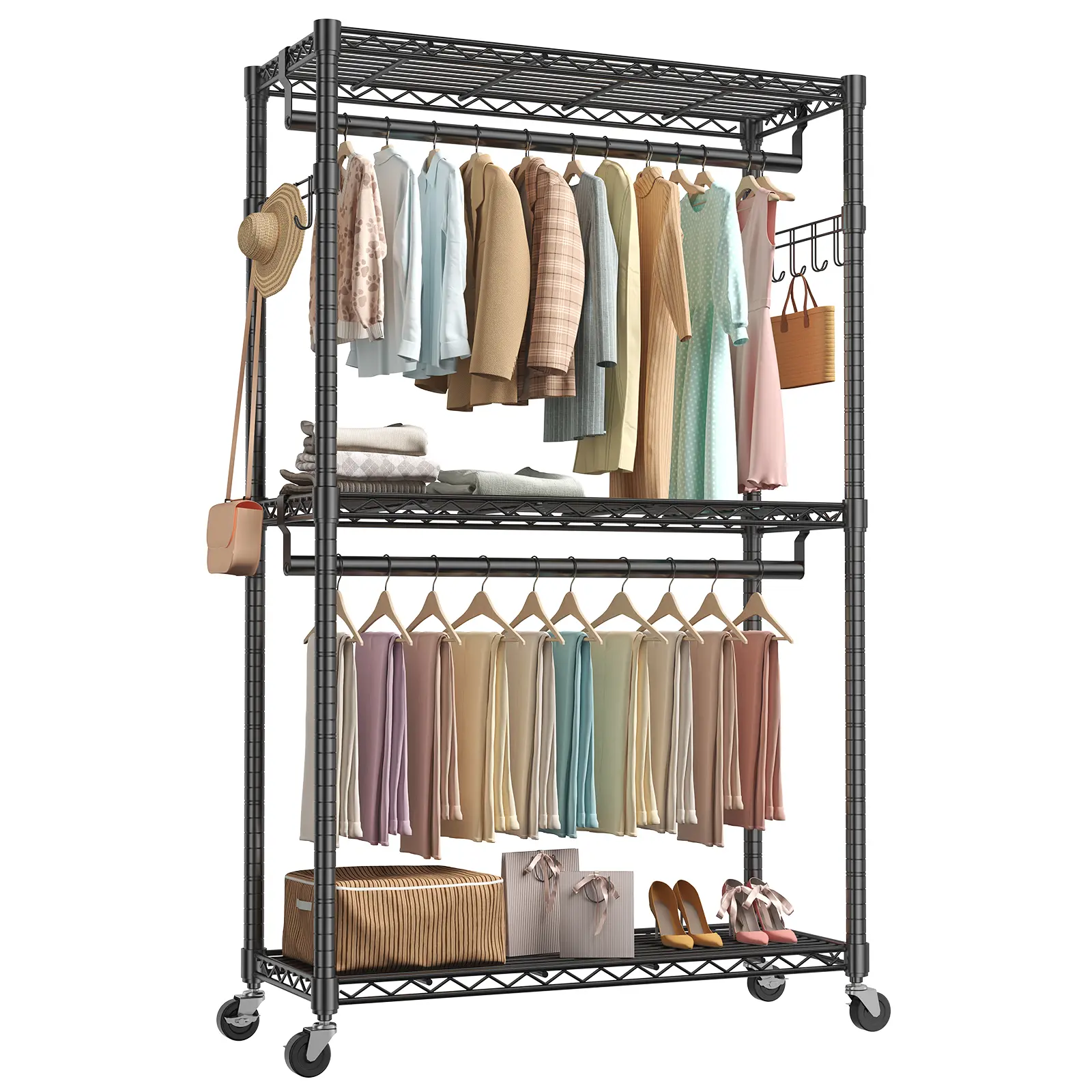 Sweetcrispy S-3 Tier Heavy Duty Rolling Garment Rack - Lockable Rollers, 360° Swivel, Freestanding Floor Stand, Organiser for Clothes Dresser Storage & Durable Storage, Furniture Storage
