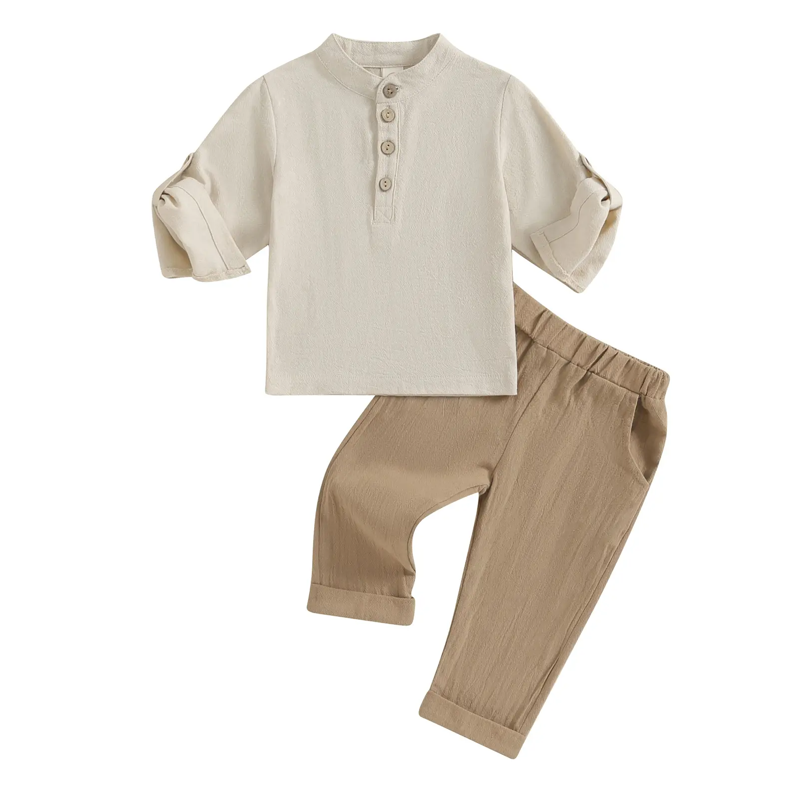 Toddler Boys Casual Set, 2-Piece Solid Cotton Linen Outfit with Long Sleeve Button-Down Henley Shirt and Pants, Clothing Set, 12 - 18 Months, Bottoms, Plain Solid, Outfits, Two-Piece
