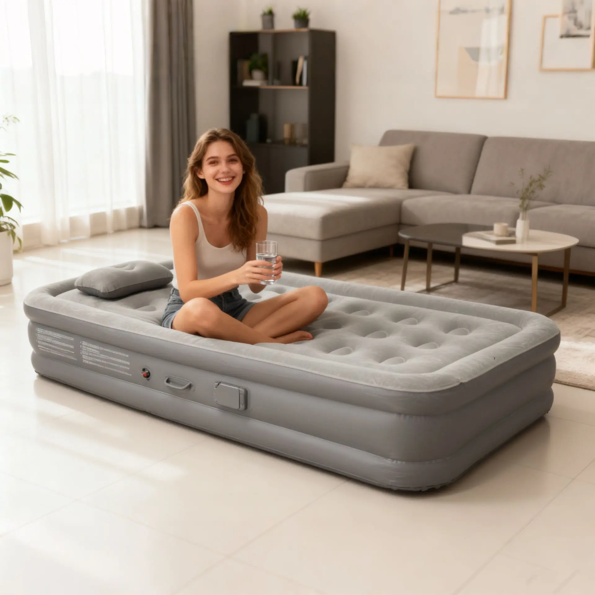 Double Air Mattress with Pump, Inflatable Bed for Home and Outdoor Use, Foldable and Supports 300 Pounds