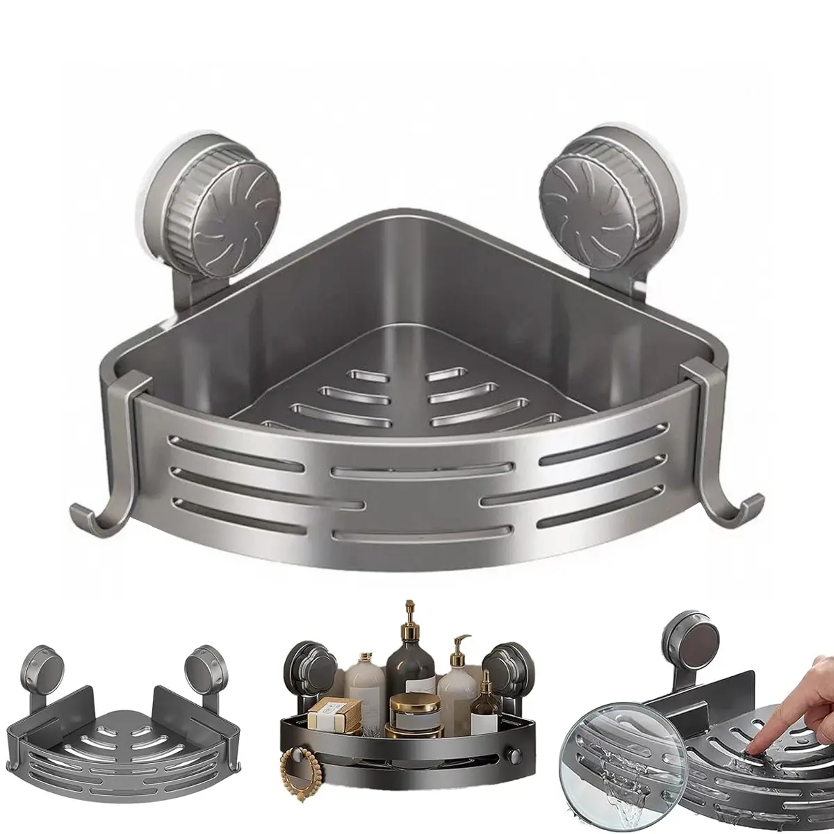 2026 New Suction Cup Corner Shower Shelf, No-Drill Bathroom Corner Shelf Strong, Waterproof Suction Cup, Bathroom Organizers and Storage Countertop for Bathroom Kitchen