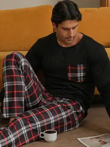 Men's All-Season Sleepwear Set, Long Sleeve Checked Soft Two-Piece Home Clothing, Round Neck Men's Loungewear, Comfortable Casual Wear