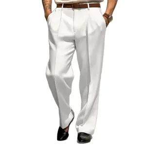 Menswear Fitted Plain White Linen Pants - Khaki Option, Zipper Belt, Decorative Accents, Loose-Fit Alternative, Fashion Design for Fall 2025 Hip Hop & Everyday Wear