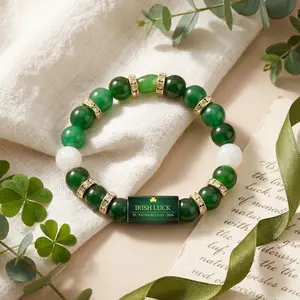 Irish Luck St. Patrick's Day Bracelet | Green Agate Lucky Clover Beaded Bracelet with Rhinestones | Luck Bracelet - Attract Wealth, Abundance and Perfect Good Luck Gift for 2026!