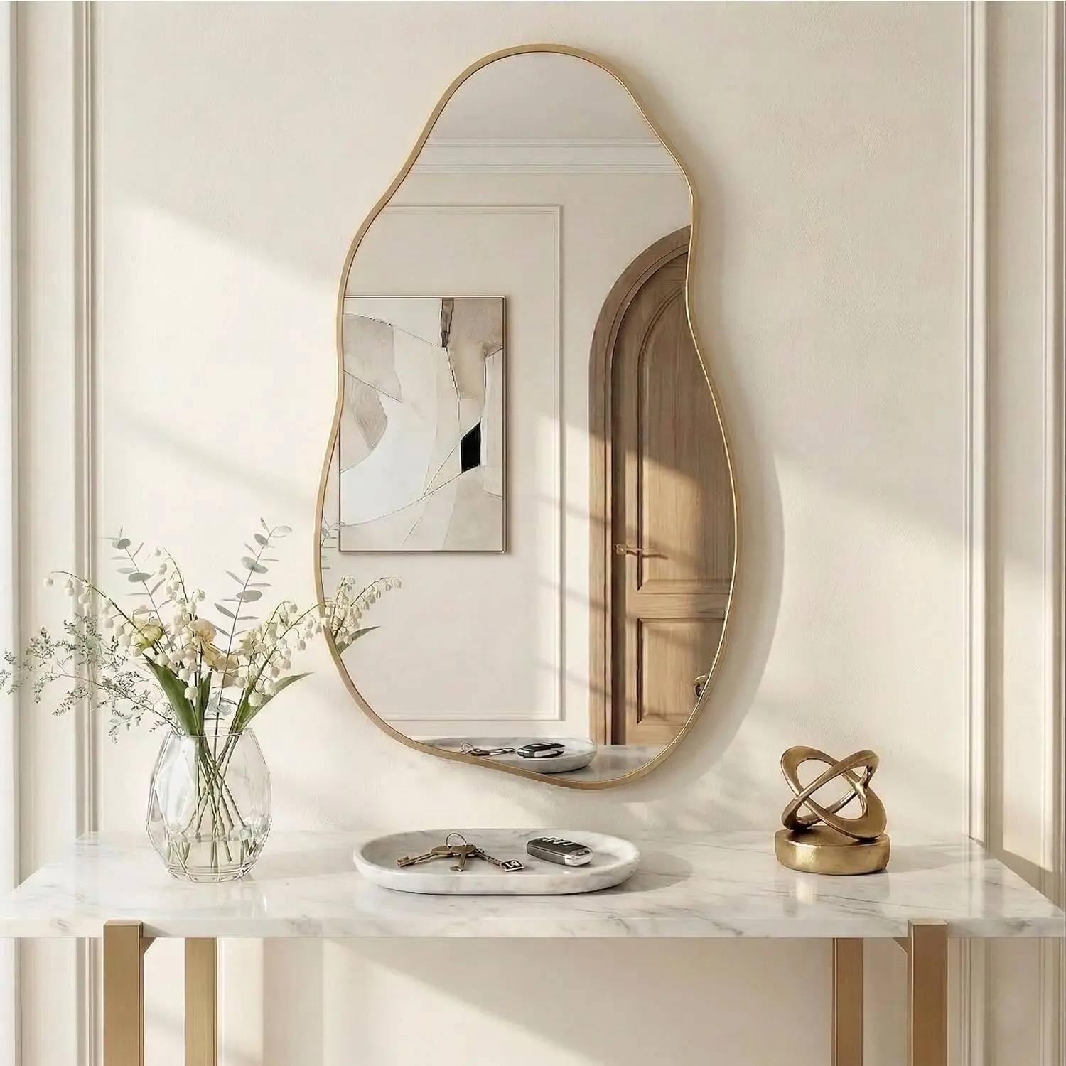36"x20" Modern Rectangle Asymmetrical Tempered Glass Wall Mirror, Large Irregular Wavy Vanity Bathroom Mirror with Matte Gold Rust-Proof Aluminium Frame, Horizontal-Vertical Hanging for Bathroom, Living Room Decor, Vanity Bathroom Mirrors