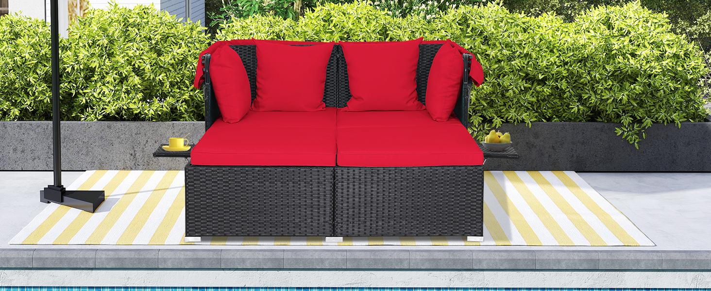 COSTWAY Outdoor Daybed, 2-Person Wicker Chaise Lounge with Retractable Canopy, Cushions & Pillows, 2 Side Trays, Patio Double Sofa PE Rattan Sunbed Lounger for Deck Poolside Garden Balcony