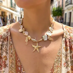 Bohemia Irregular S Beaded Necklace for Women Starfish Conch Pearl Pendant Metal Chain Choker Summer Beach Vacation Jewelry