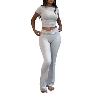 Casual Workout Two-Piece Set for Women Short Sleeve High Waist Folded Flared Pants Sportswear StreetwearGift