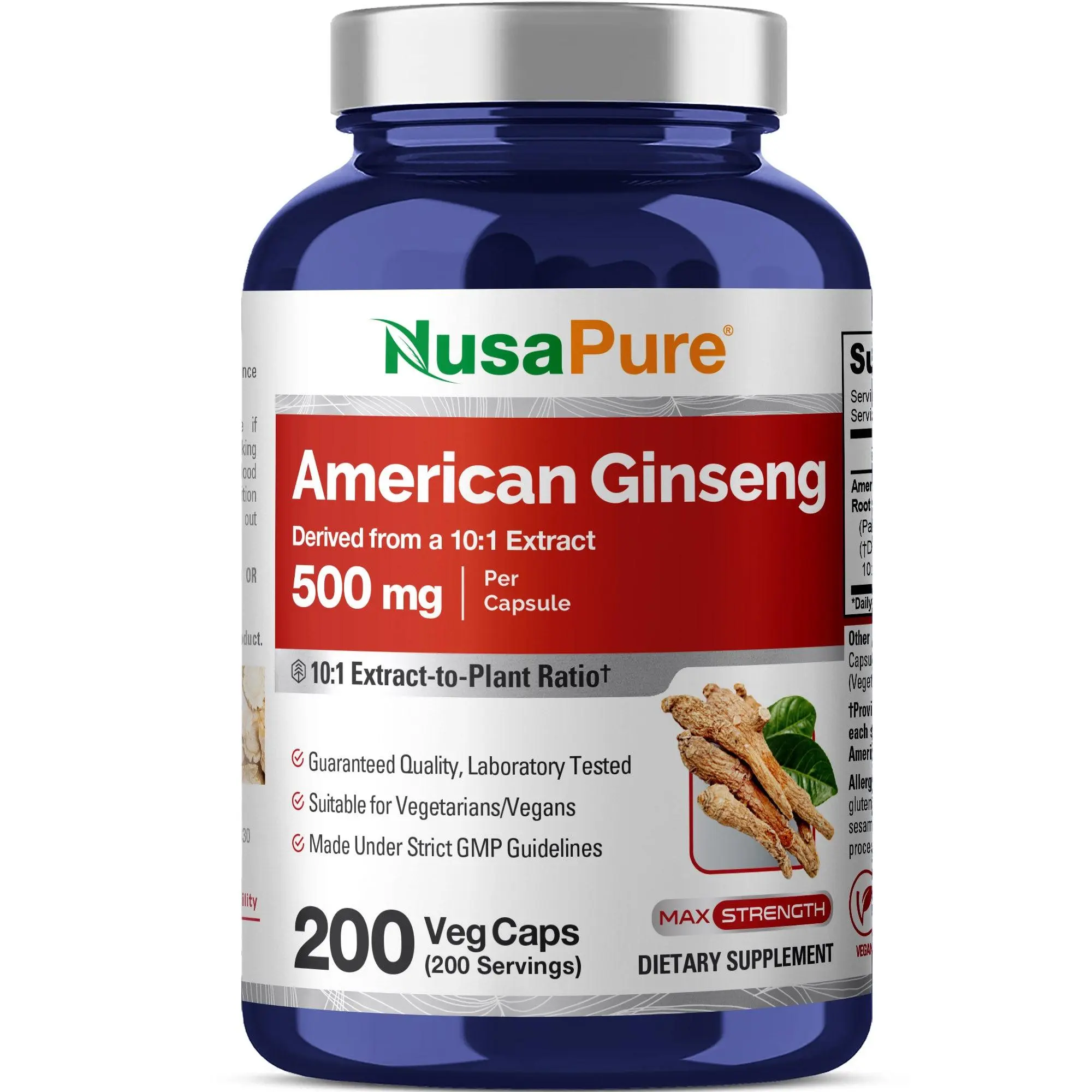 NusaPure High Potency American Ginseng 10:1 Extract Supplement - 500mg Herbal Capsules, 200 Count, Vegetarian, Vegan, Non-GMO, Natural, for Cognitive Function & Brain Health, Energy Management, Immunity Support