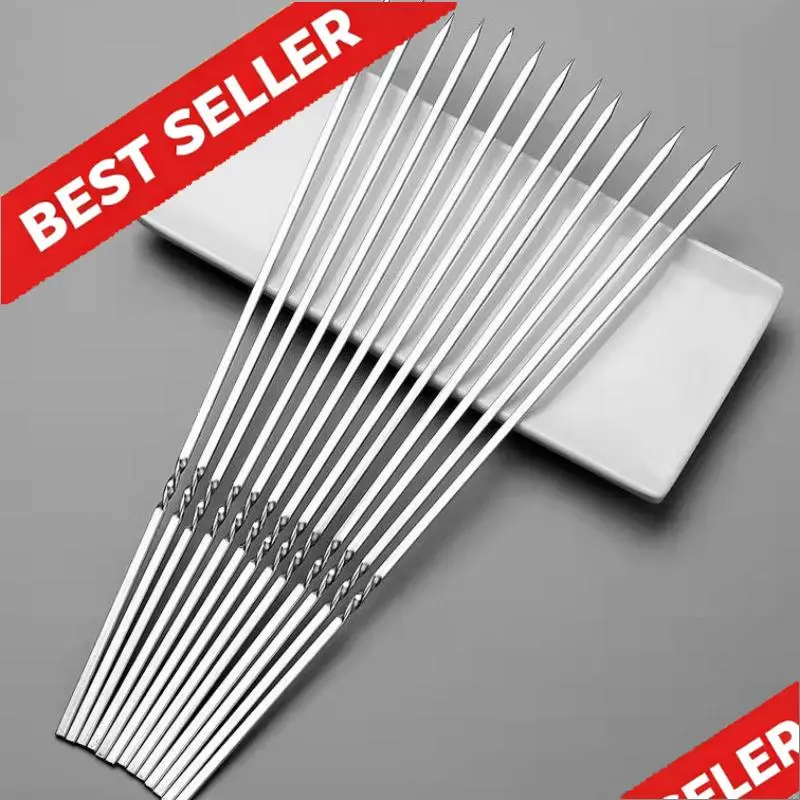 50pc Solid Metal Straight Stainless Steel BBQ Skewers with Storage Tube - Reusable, Heavy-Duty Grilling Barbecue Accessories for Summer Parties, Kitchen Use