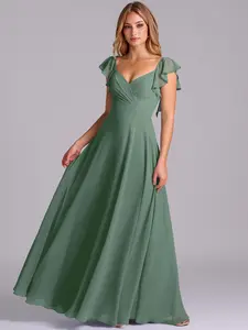 Azazie Leilani V-Neck Flutter Sleeve Pleated Belted Wedding Guest Chiffon Dress