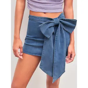 Cider [size 0-10] High Stretch Denim Low Rise Solid Bowknot Mini Skirt