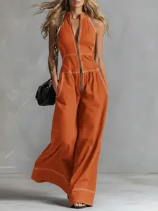 Women's Stand Collar Sleeveless Solid Color Zipper Casual Loose Commuter Romper, Comfortable and Stylish One-Piece for Daily Wear