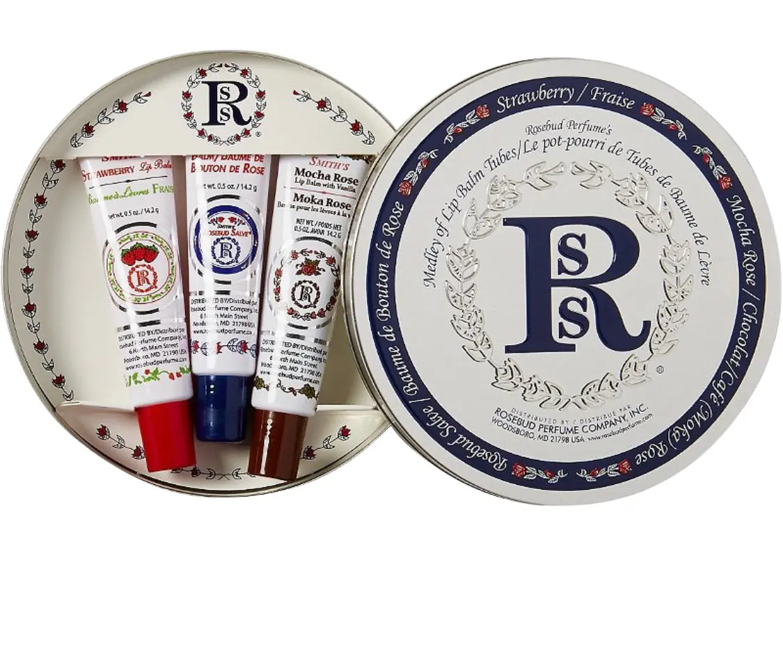 Rosebud Perfume Co. Soothing Lip Moisturizer Lip Balm 3-Pack Vintage Box Gift Set - Strawberry/Mocha Rose, Original Salve, 0.5 oz Tubes for Beauty Routines