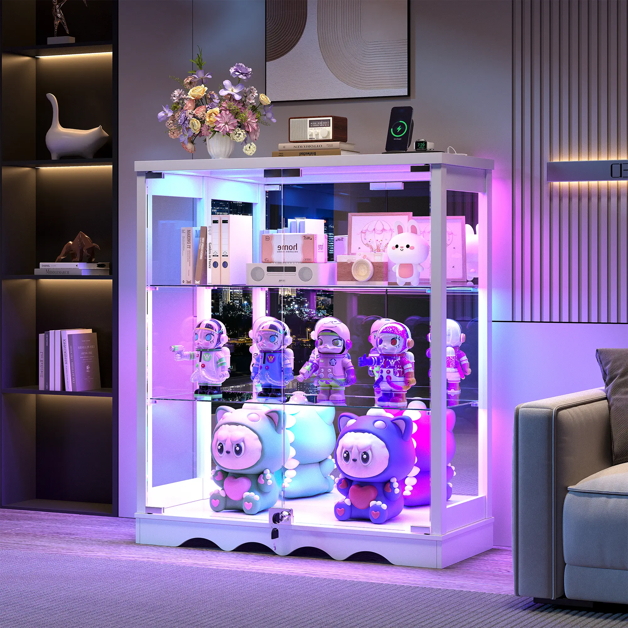 FREDEES RGB Lockable Tempered Glass Display Curio Cabinet - 39in Tall 3-Tier with Doors, Adjustable Shelves, Lights, Collectibles/Figures Storage for Dining Room Indoor Furniture, Lockable Storage Cabinet, Tempered Glass Cabinet