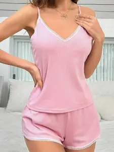 2-Piece Knit Lace Trim Tank Top Pajama Set for Women, Soft and Comfortable Casual Sleepwear, All Seasons Slim-Fitting
