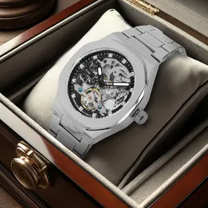high-end automatic mechanical watch fashion men's stainless steel strap skeleton dial waterproof watch.