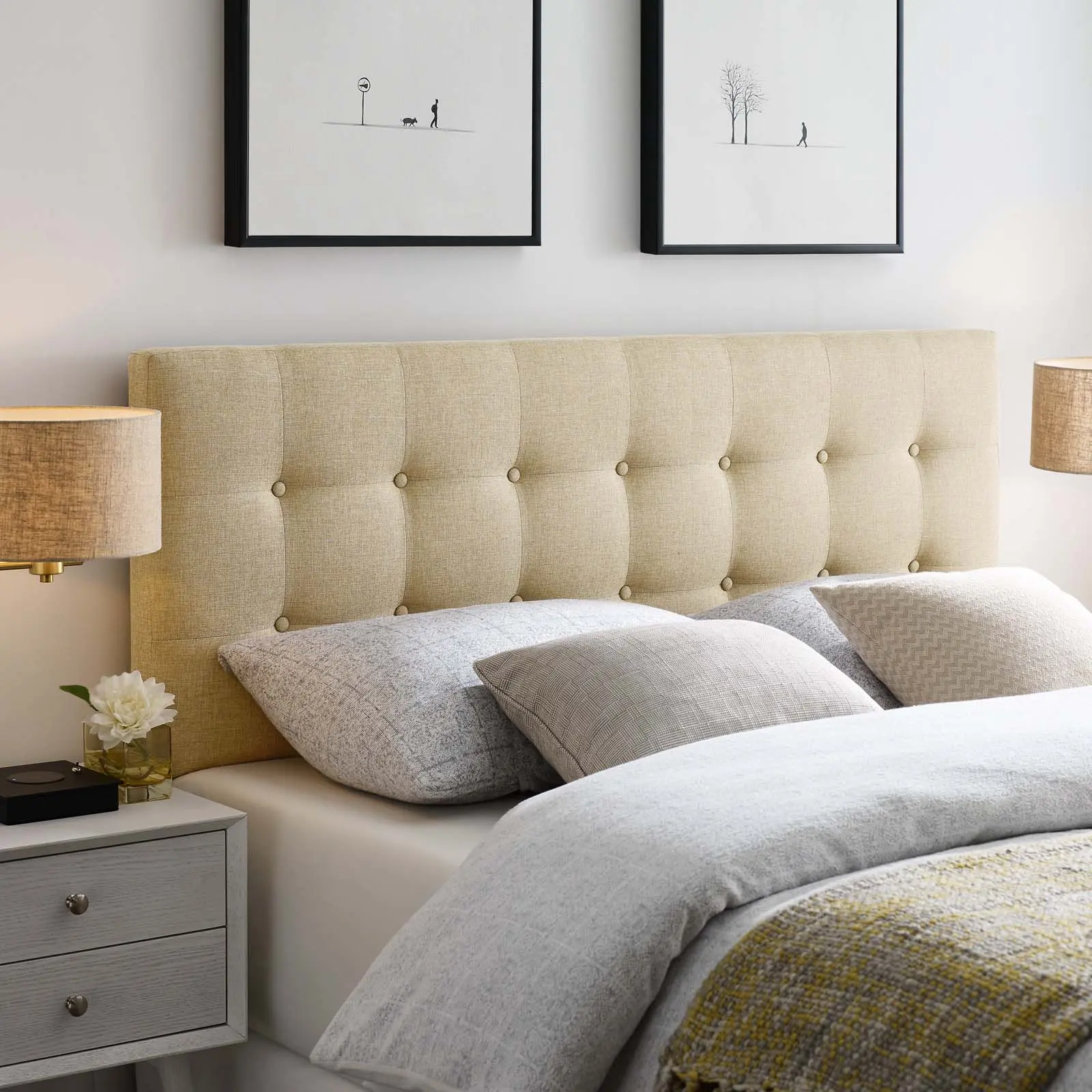 Modway Emily King-Size Linen Upholstered Headboard, Beige Lightweight Modern Indoor Bedroom Furniture
