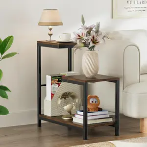 G-Shaped Side Table with Storage Shelves, Rustic Brown Bedside Table for Living Room & Bedroom, Small Sofa End Table with Metal Frame, Wooden Coffee Table, Plant Stand & Laptop Table