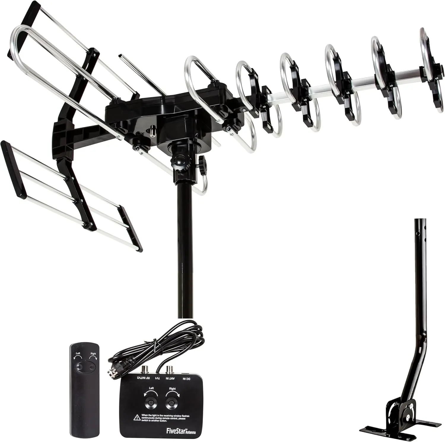 Five Star 2026 Outdoor Digital Amplified HDTV Antenna - up to 200 Mile Long Range, Two-way Directional 360 Degree Rotation by Remote Control, Built-In Bubble Level, Tool-Free Setup, and Intelligent Gain for HD 4K 1080P FM Radio