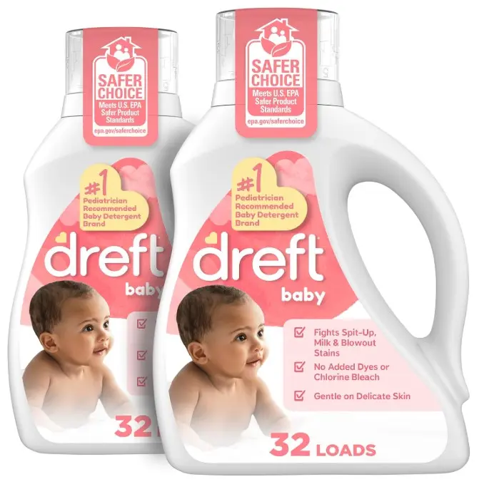 Dreft Baby Liquid Laundry Detergent, Gentle on Sensitive Skin Laundry Soap, 42 fl oz, 32 Loads, Pack of 2 (Packaging May Vary)