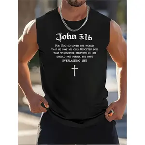 Men'S Sleeveless Polyester Tank Top - Comfortable And Breathable Athletic Wear Featuring a Bible Verse And Cross Design, Made with Medium Stretch Fabric Suitable for Summer, Designed for a Fit Athletic Physique, Ideal for Year-Round Use