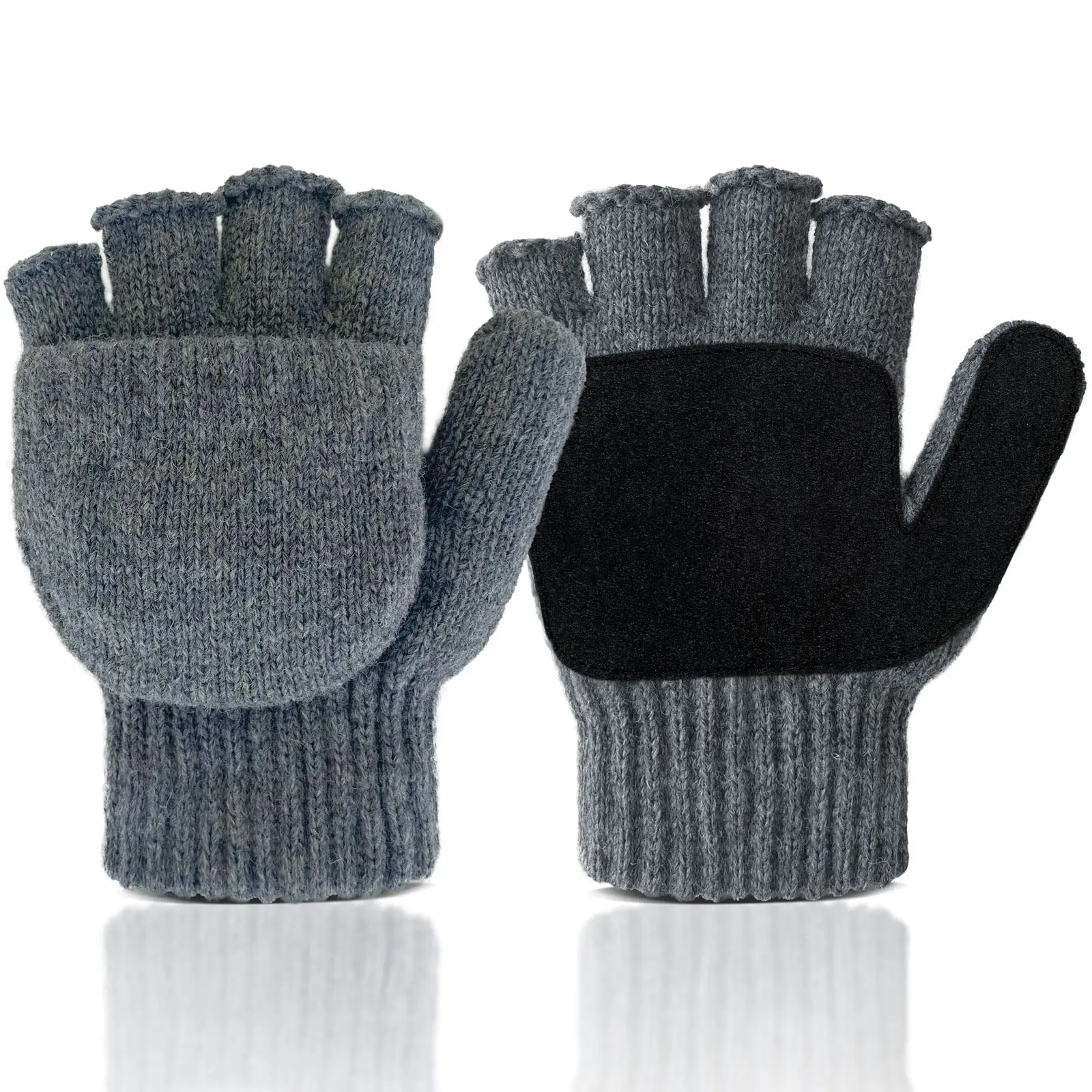 Evridwear Unisex Convertible Fingerless Winter Gloves - Knitted Wool Flip-top Mittens with Anti-Slip Suede Leather, Soft Knit Feels Gentle on Skin, Warm Men's & Women's Gloves, Ideal for Everyday Wear or Outdoor Activities, Warm Men's Gloves