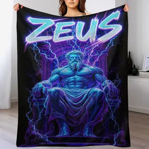 Zeus Greek God Flannel Throw Blanket, Neon Lightning King of the Gods Print Fleece Blanket, Cozy Warm Blanket for Mythology Fans Bedroom Couch
