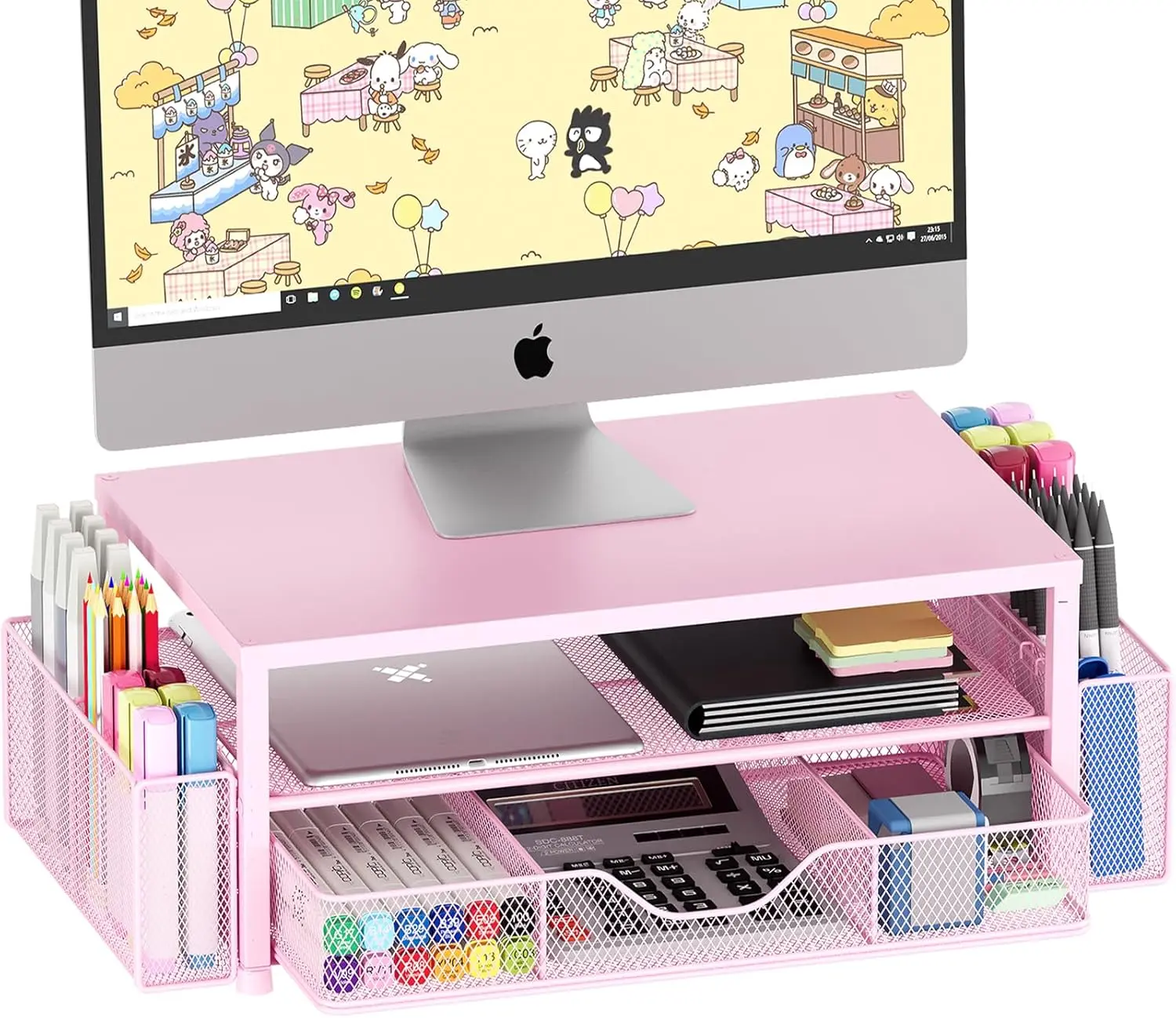 Desk Organizers and Accessories, 2-Tier Computer Monitor Stand Riser with Drawer and 2 Pen Holders, Laptop Stand, Office Desk Accessories for Office Supplies, Teal Blue