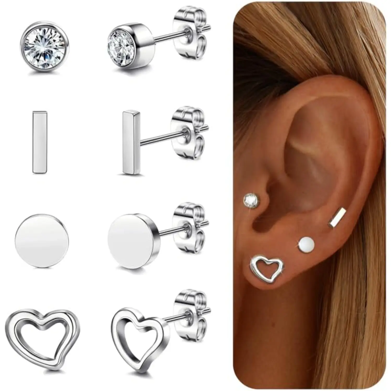 Milacolato Women's 4-Pair 20G G23 Medical Grade Titanium Earring Stack - 2 Gauge Hypoallergenic Minimalist CZ Bar, Tiny Dot, Heart Stud Earrings - Basic Jewelry for Sensitive Ears' Helix/Cartilage, Birthday Christmas Wear
