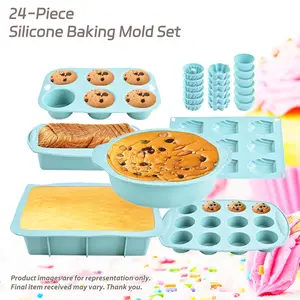 24-Piece Silicone Baking Set, Includes Mini Muffin Cups, Cupcake Pan, Madeleine Mold, Pudding Tray, Cake Molds, Bread Plate, Pancake Maker