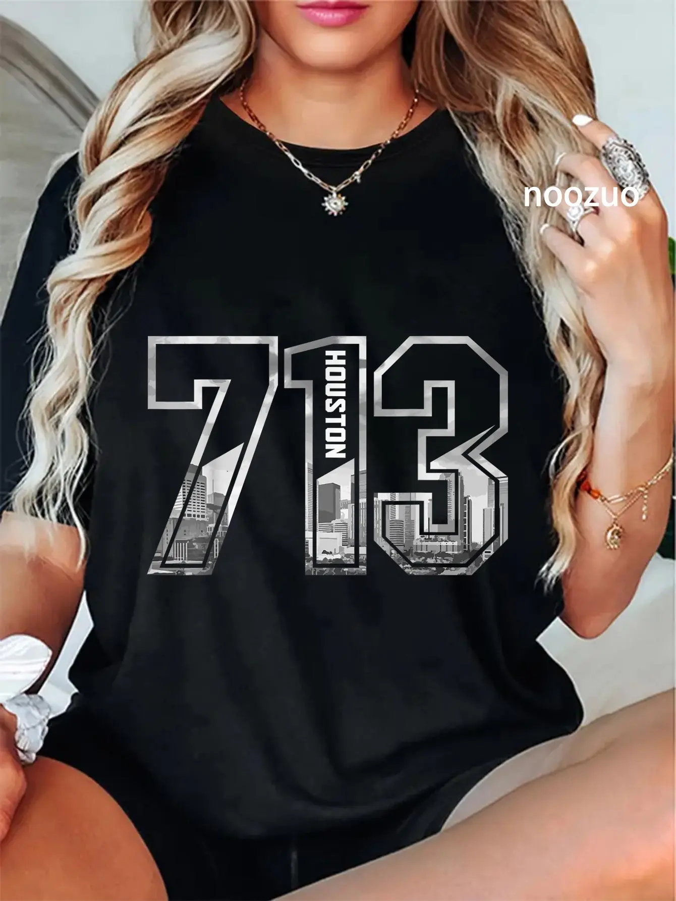 Women's Houston Texas Pride Graphic T-Shirt, Distressed 713 Area Code Short Sleeve Casual Top for Everyday Wear, Tshirt, Lady, Casual Fit, Houston Pride, Round Neck, Shortsleeve, Distressed Print, Playful Humor, Cotton, Streetwear, Vintage
