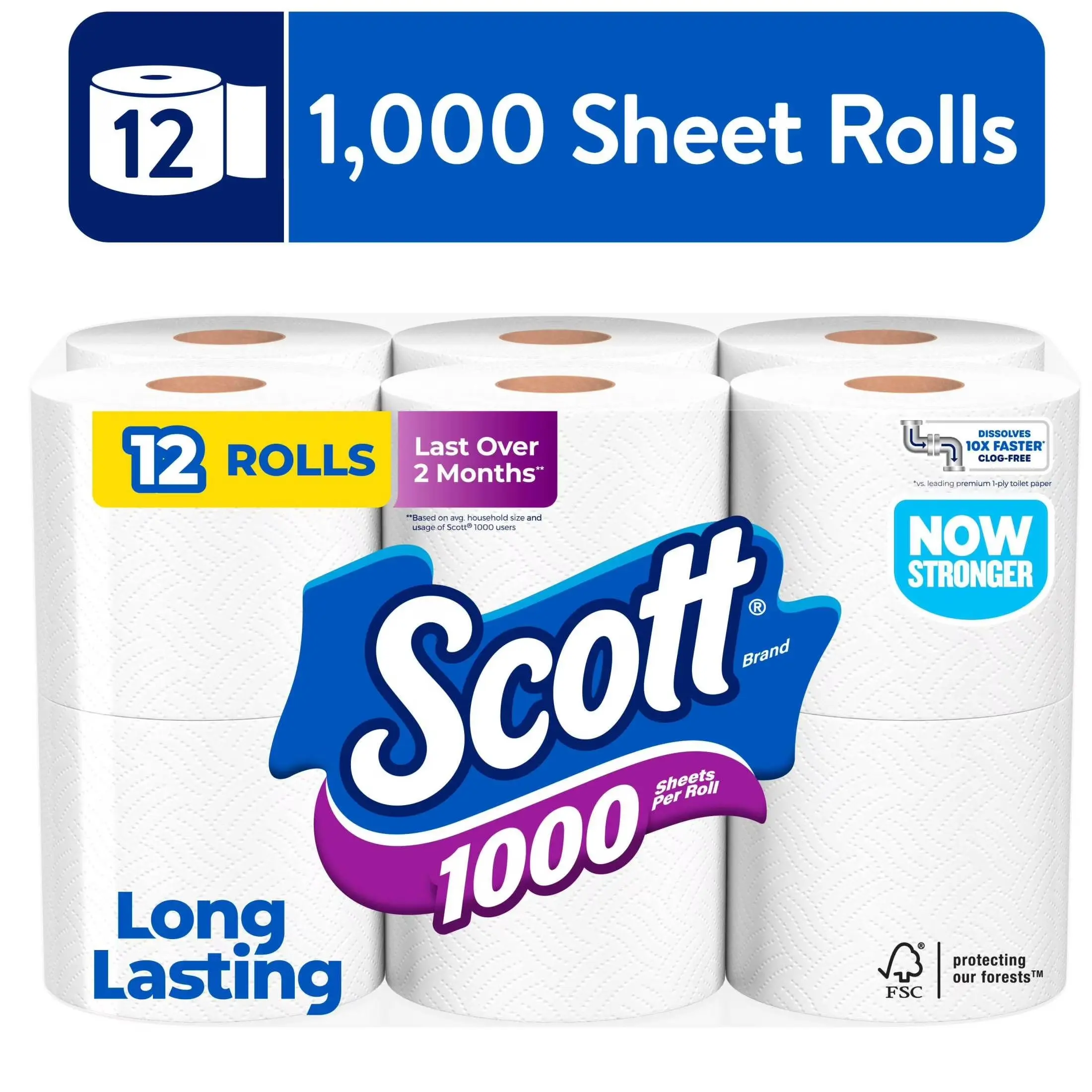 12-Roll Toilet Paper Pack, 1-Ply, 1,000 Sheets per Roll, Bathroom Tissue