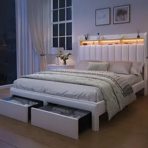 SIBEDS Queen LED BedFrame with Storage Drawers, Modern Cloud Bed Platform with 2-Tier Linen Upholstered Wingback Headboard, Channel Tufted Rivet Detail, No Box Spring Needed