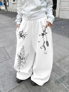 Men's High Street Wide Leg Straight Drawstring Pants Casual Streetwear Trousers, Gothic Style Skull Angel Print, Multiple Colors, Casual Daily Wear